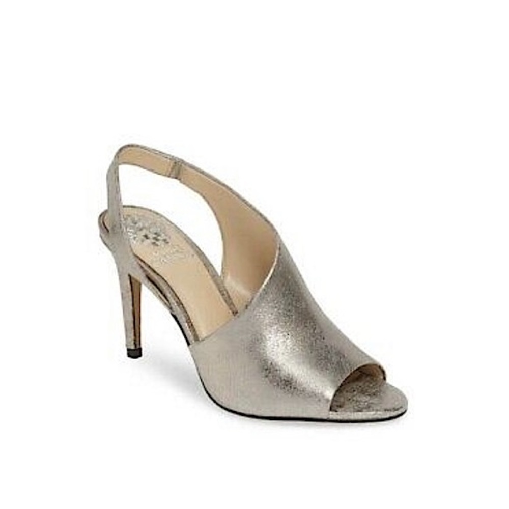 Vince Camuto Crasantha Heels in Metallic Pewter Suede, Size 6.5